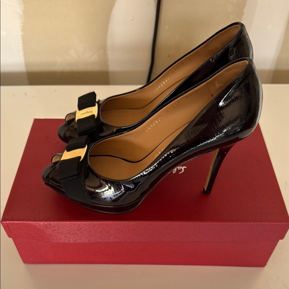 Salvatore Ferragamo Black Patent Leather Peep-Toe Heels